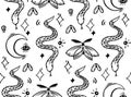 Seamless Pattern On The Theme Of Magic, Witchcraft. Vintage Black And White Halloween Print In Hand Drawing Style
